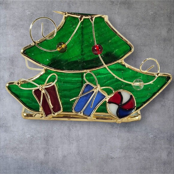 Vintage Stained Glass Christmas Tree Tea Light Candle Holder 7" Holiday Decor - Picture 7 of 12